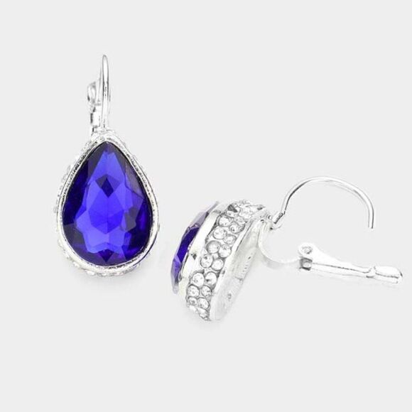 Rhinestone Blue Teardrop Stone Lever Back Silver Evening Earrings - Picture 3 of 5